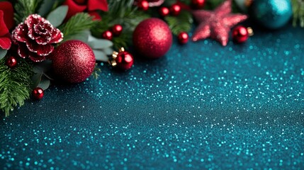 Sparkling Christmas Border with Ornaments and Foliage