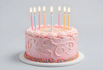 Pink birthday cake with six lit candles and sprinkles