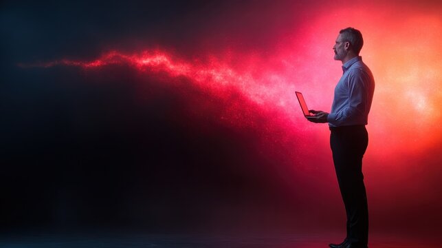 A captivating silhouette of a man standing with a laptop, set against a cosmic background filled with vibrant red and black hues, symbolizing innovation and exploration.