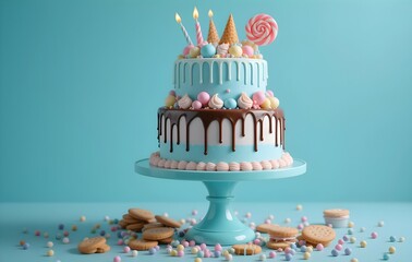 Delicious two tiered birthday cake with pastel decorations