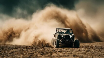 Powerful off road buggy kicking dust high while racing across rugged desert landscape, generating dramatic dynamic scene with intense speed and adrenaline fueled motion