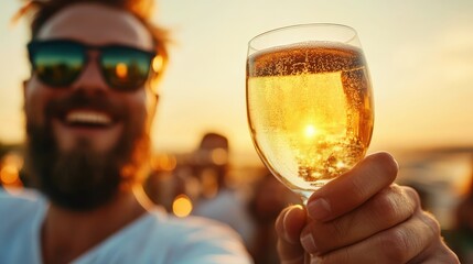 A joyful moment captured as a man raises a glass of sparkling drink against a picturesque sunset, reflecting the essence of celebration, connection, and cherished memories.