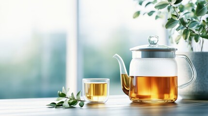 A beautifully arranged glass teapot filled with tea, accompanied by a clear glass cup, showcasing a serene setting with soft light and green foliage, evoking tranquility.