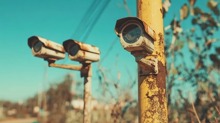 A close-up image of weathered and rusting security cameras mounted on a post, highlighting neglected urban environments and themes of security and surveillance.
