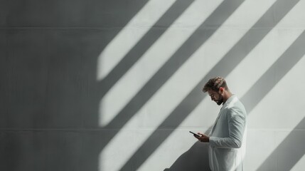 Fototapeta premium A stylish man in a suit absorbed in his phone, illuminated by shadows from overhead lights, depicting the modern professional lifestyle and the connection of technology.