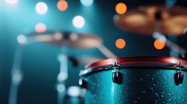 A vibrant close-up of a drum kit, surrounded by colorful bokeh lights, capturing the energetic spirit of live music, performance, and the rhythm of the stage.