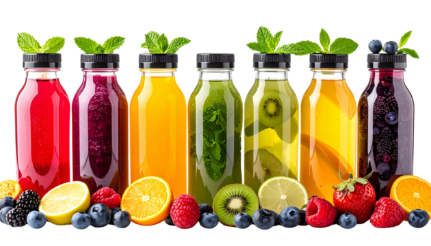 Vitamin-Infused Water Bottles in Gradient Color Scheme isolated on transparent background.