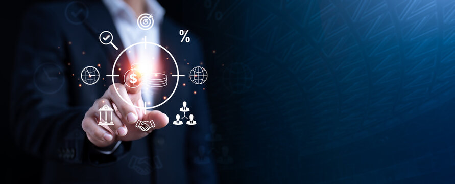 Future finance technology and global business economy innovation, digital banking, percentage growth, business handshake deal, strategy analytics, and secure financial management dashboard