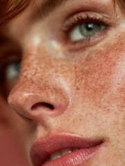 Fototapeta premium Detailed Macro Shot of a Fair-Skinned Individual with Abundant Freckles and a Light Green Eye