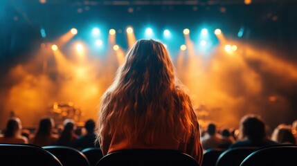 A captivating scene of an audience intently watching a concert, with vibrant stage lights illuminating the atmosphere, showcasing the magic of live music experiences.