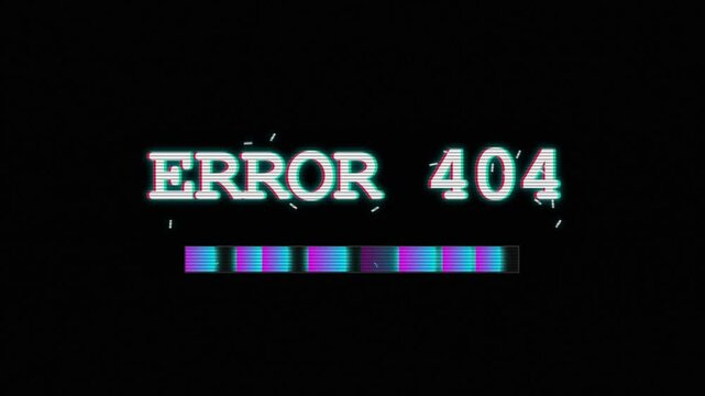 error 404 animation with glitch effect, digital artifact, distorted text, neon sign, abstract composition
