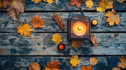 Flat lay of a rustic autumn porch table: candle lantern, dried leaves, cinnamon sticks, burnt orange and rust