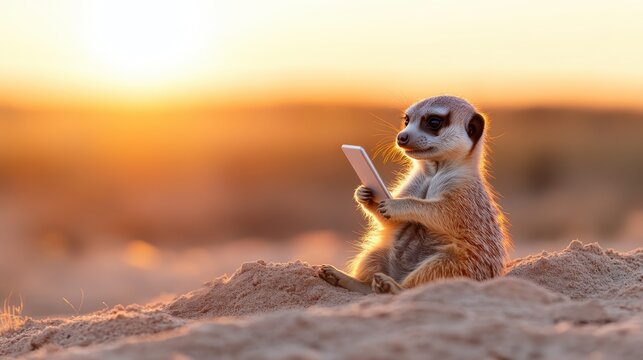 A cute meerkat seated on the sandy ground is intently using a smartphone during a breathtaking sunset, showcasing the juxtaposition of nature and technology in a serene landscape.