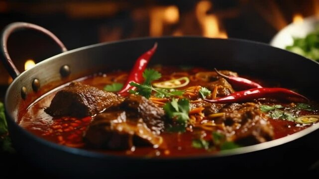 Close-up of aromatic chili and spices in a pan on fire, over background of flickering candlelight.