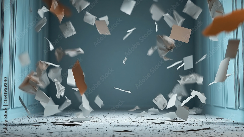 Poster Broken pieces of paper fall in blue room, creating chaotic and dynamic atmosphere with scattered debris