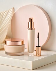 A light beige/cream-colored cosmetic display.  A round, oval-shaped jar or container of face cream is positioned on the left side of the image