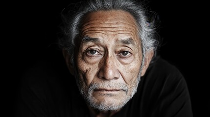 Fototapeta premium An elderly man is portrayed with deep, expressive eyes and silver hair, evoking a sense of wisdom and contemplation against a stark, dark background, highlighting his features.