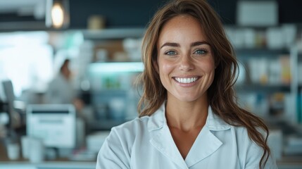 Fototapeta premium A cheerful woman wearing a lab coat smiles warmly, representing confidence and professionalism in a medical or scientific environment, ready to assist.