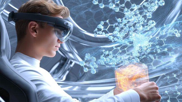 Scientist manipulating holographic molecular structure through augmented reality glasses, analyzing complex scientific data in high tech research environment
