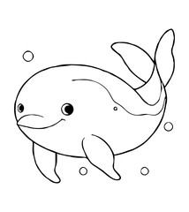 A cartoon dolphin floats surrounded by bubbles drawn in a simple blackandwhite style