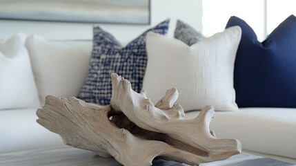 Hamptons-style living room with nautical pillows, white linen and driftwood centerpiece, close-up, navy and sand tones