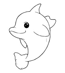 A cartoon dolphin is depicted with a friendly expression facing slightly left in a simple clean illustration style