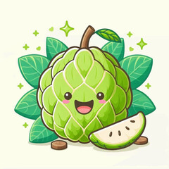 A cartoon custard apple smiles next to leaves and a slice
