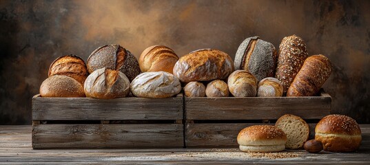 Artisan bread loaves and rolls displayed in rustic wooden crates warm tones