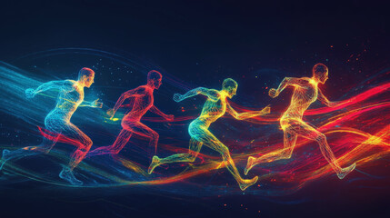 Abstract art features four neon-outlined human figures in a running posture, casting vibrant light trails in blue, red, yellow, and green, symbolizing motion and competition