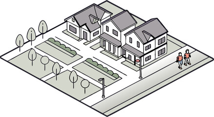 Isometric view of three houses with manicured lawns trees and two people walking on the sidewalk in neighborhood
