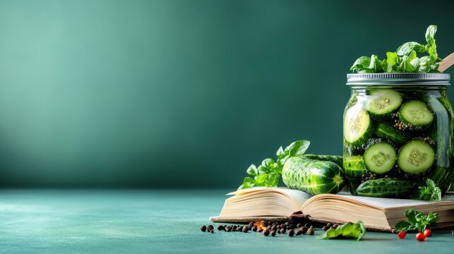 A jar filled with pickled cucumbers and fresh herbs sits atop an open book, embodying the essence of homely culinary delights and love for cooking.