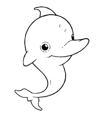 A cartoon dolphin with a fin on its back small eyes and a curved mouth is centered on a white background