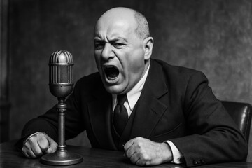 Dramatic black and white portrait: an angry, bald man in a suit shouts forcefully into a vintage microphone, sitting at a desk.