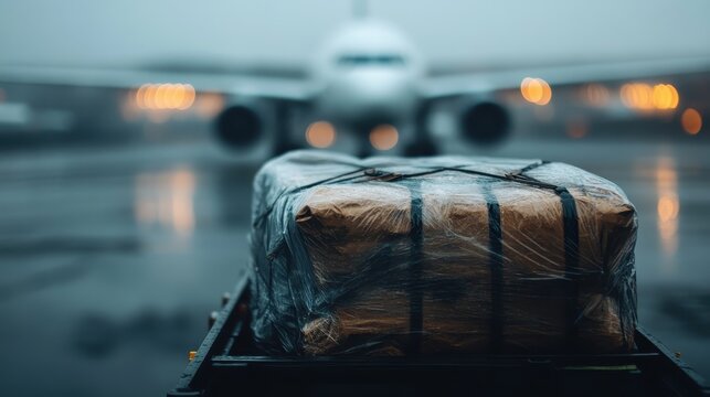 A large cargo package, securely wrapped and loaded at an airport, highlighting the logistics of air transport and commerce amidst a backdrop of blurred airplane and lights.