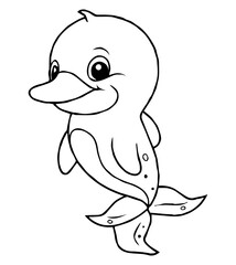 A cartoon dolphin with large eyes smiles posed as if swimming Black outlines define it against a white background