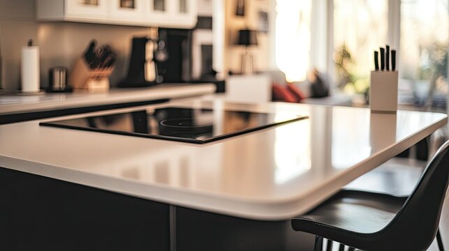 Sleek kitchenette with quartz countertop, induction stove and minimalist bar stools, close-up, black and ivory palette