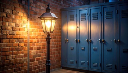 Vintage street lamp illuminating a brick wall with blue lockers in a cozy indoor setting