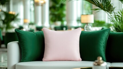 An elegant pink pillow adds a soft touch to the stylish green couch, complementing the plush interior design of a chic and luxurious lounge area.