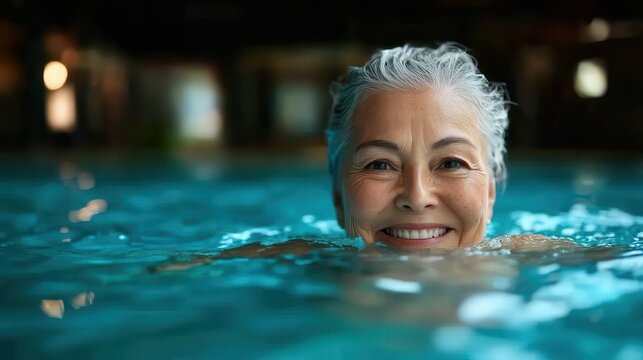 A joyful elderly woman swimming in crystal-clear pool water, exuding happiness and vitality, embodying the essence of active living and the enjoyment of life at any age.