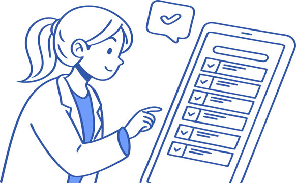 Illustration of a woman in a lab coat interacting with a checklist on a mobile phone screen displayed
