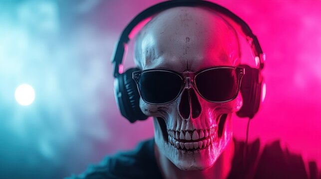 A stylized skull wearing headphones surrounded by vibrant neon lights, capturing a fusion of music and the edgy aesthetic in contemporary culture, evoking feelings of rebellion.