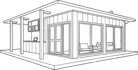 Illustration of a modern house with a flat roof, large windows, and an open porch area with furniture