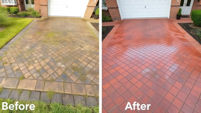 Driveway cleaning and restoration showing before and after results with a brick tile pattern using pressure washing.