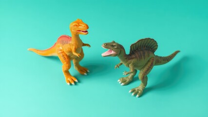 Prehistoric playdate featuring two toy dinosaurs in bright colors set against a vivid backdrop