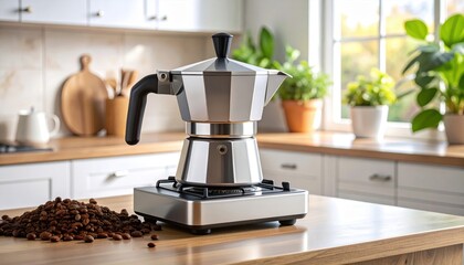 Stylish kitchen scene featuring a moka pot brewing coffee with scattered beans on a wooden table
