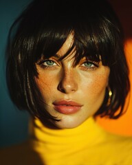 Close-up Portrait of Woman with Bob Hair and Freckles: Bright Yellow Turtleneck, Intense Gaze, Colorful Shadow
