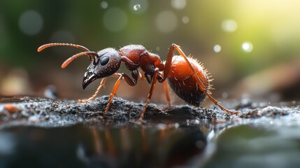 An intense close-up of a red ant with intricate details, showcasing its bristly body and glistening dew drops on its surface, set in a vibrant natural environment.