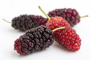 Fresh ripe mulberries on white background
Close-up of freshly picked ripe mulberries with deep purple and red tones, showcasing their juicy texture on a white background.
