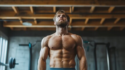 A fit, muscular man stands confidently in a gym setting, showcasing his physique against a backdrop of fitness equipment, representing strength, determination, and health.