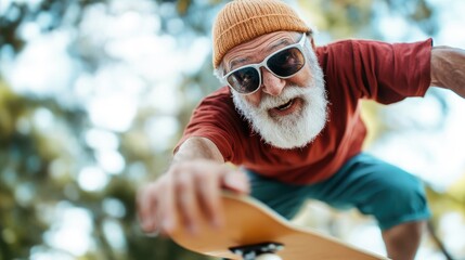 An energetic elderly man skateboards joyfully in a sunlit park, showcasing enthusiasm and passion for life while embracing an active lifestyle with a playful spirit.